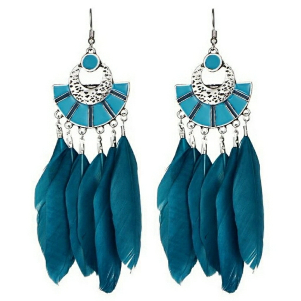 Turquoise Long Feather Earrings